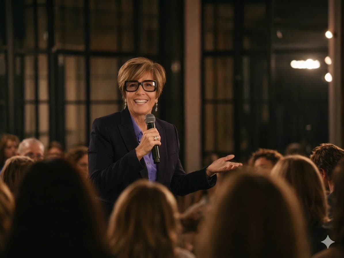 Shelley Dunagan speaking into a microphone to a live audience.