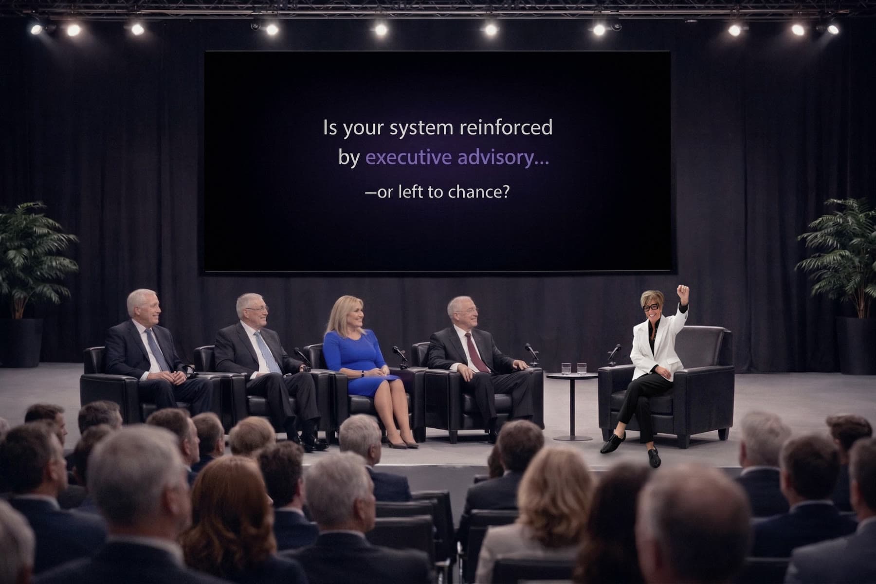 Shelley Dunagan seated on an executive advisory panel in front of a large screen.
