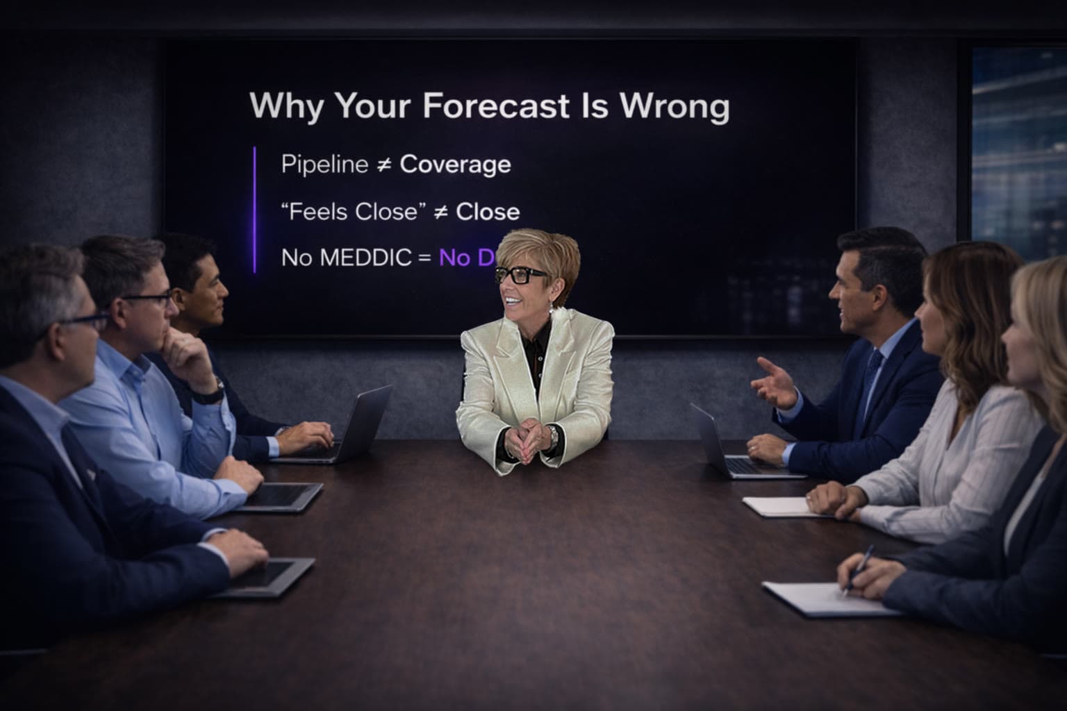 Shelley Dunagan seated at the center of a boardroom beneath a screen titled Why Your Forecast Is Wrong.